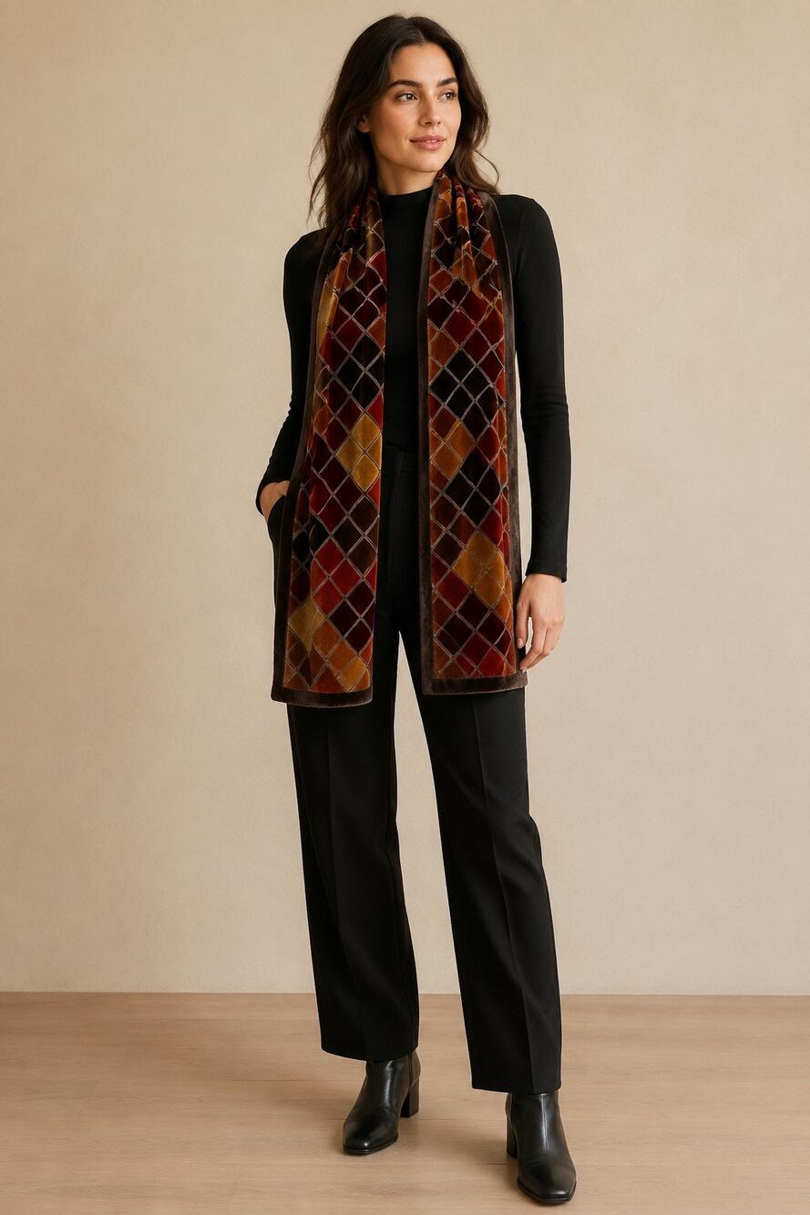 Echo Silk Blend Burnout Velvet Scarf Geometric Argyle Jewel Tones 59”